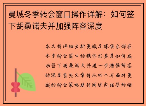 曼城冬季转会窗口操作详解:如何签下胡桑诺夫并加强阵容深度 曼城冬季转会窗口操作详解:如何签下胡桑诺夫并加强阵容深度