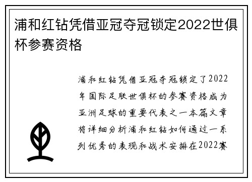 浦和红钻凭借亚冠夺冠锁定2022世俱杯参赛资格